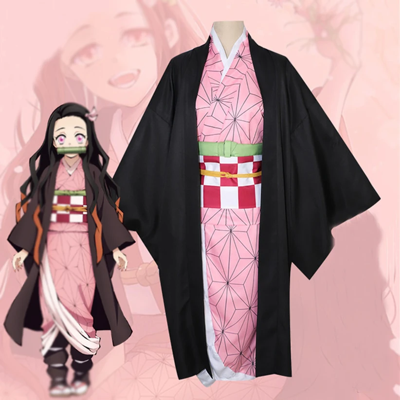 

Full Set Anime Kimetsu no Yaiba Demon Slayer Kamado Nezuko Halloween Cosplay Costume Wig Women Girl Japan Pink Kimono