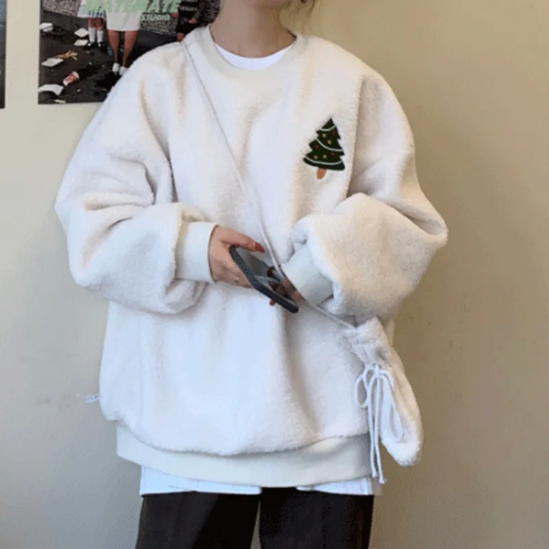 thumbnail image 1 of Sudadera con capucha de gran tamaño informal para otoño e invierno, con bordado de muñeco de nieve y árbol de Navidad para mujer, sudadera polar, bolso a juego, 1 of 4