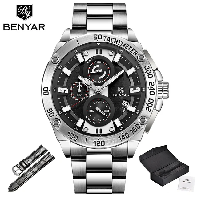 S-silver black BENYAR, кварцевые мужские часы, Топ бренд, роскошные часы, мужские, сталь, водонепроницаемые, спортивные, мужские наручные часы, хронограф, Relogio Masculino - Цвет: S-silver black