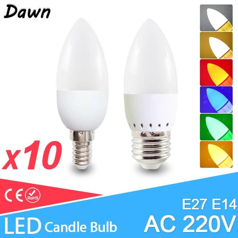 10Pcs/lot E14 LED Candle bulb AC 220V E27 led bulb chandelier Candle light 3W Lamps Decoration Light six colors Energy Saving
