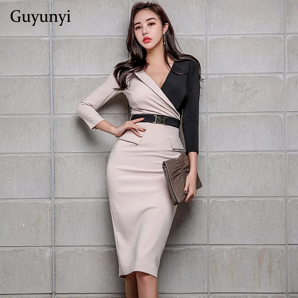 

Office Lady Dress 2019 Autumn High Waist Slim Pencil Dress Black Stitching Three-Quarter Sleeve Elegant Party Dress Women