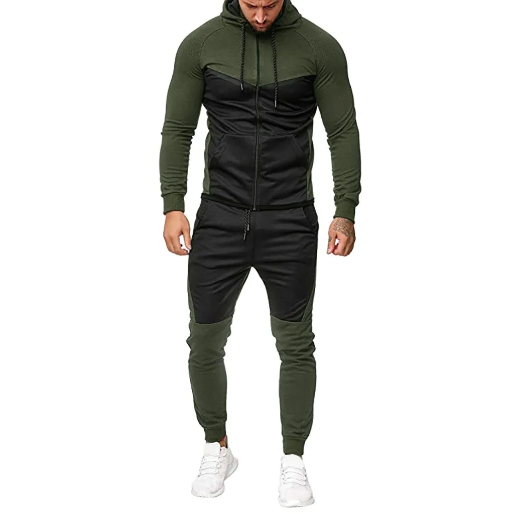 

2 Pieces Sets Tracksuit Men New Brand Autumn Winter Hooded Sweatshirt +Drawstring Pants Male Stripe Patchwork Hoodies Bigswee#3