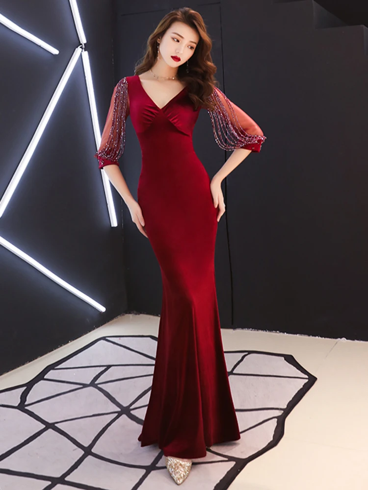 Robe De Soiree вечернее платье с коротким рукавом модное платье-Кафтан abaya с v-образным вырезом бордовое вечернее платье Русалка длинное платье Vestido Longo