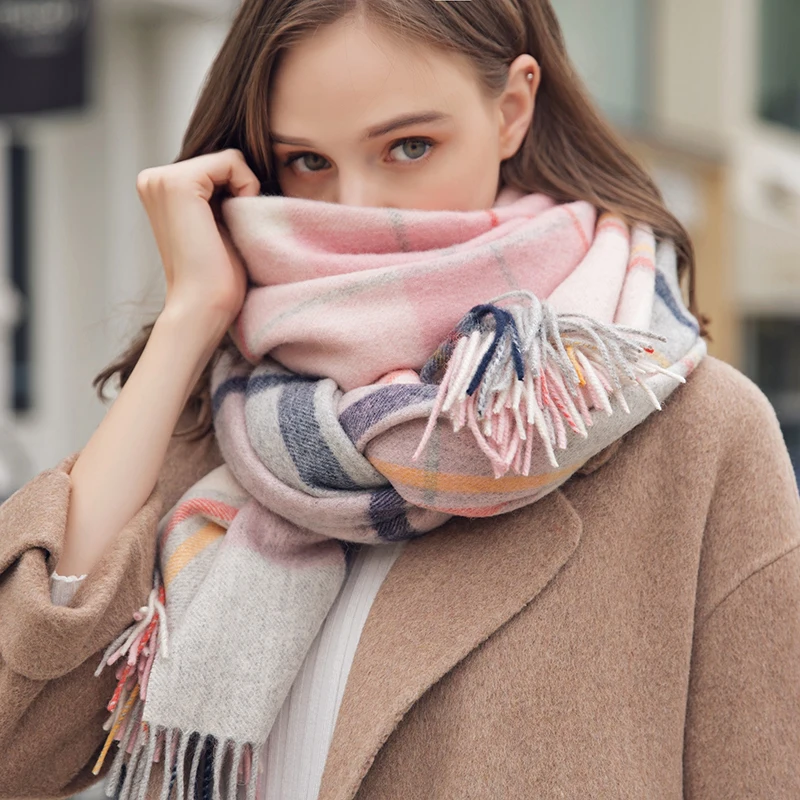 Женские шарфы из 100% шерсти сезон зима осень 2020 теплые шали в клетку с кисточками