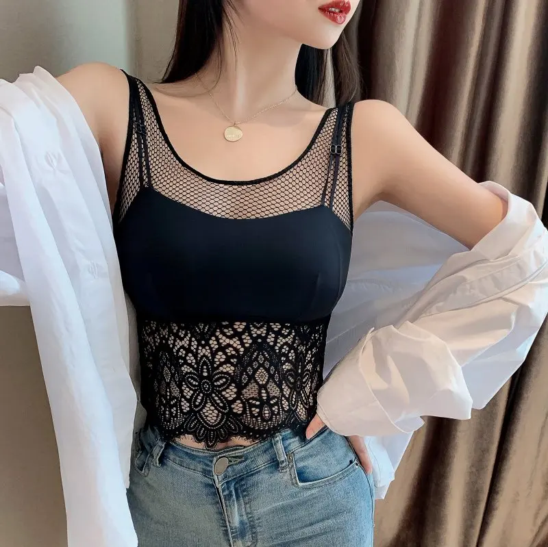 

Women's Casual Camisole Solid Mesh Lace Crocheted Bra Pad Slim Waist Cami Tops Beauty Back Bottoming Tops Spring Summer 2021