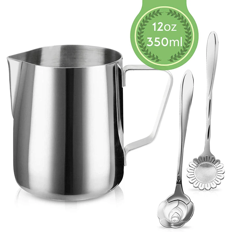 350ml and 2 spoon Кувшин для вспенивания молока, кофейные инструменты из нержавеющей стали, подходит для эспрессо, латте-арта, молока, прилагаемых десертных кофейных ложек - Цвет: 350ml and 2 spoon