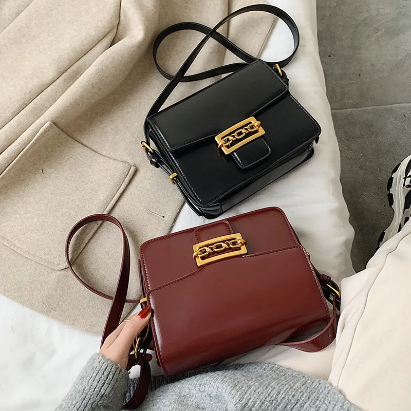 

2020 Spring New Style WOMEN'S Bag INS-Style Solid Color Square Sling Bag Industrial Hardware Flip Retro Square Bag