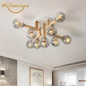 

Nordic Wood LED lights Glass ball lamps For Living Room Decor Round Metal LED Ceiling Lamp Surface Mounted Lighting plafonnier