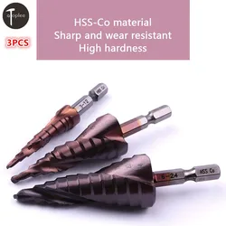 3Pcs 3-12 4-22 6-24mm HSS Co Spiral Groove Stepped Drill Bits Set 1/4 Inch Hex Shank Metal Hole Cutter Drill Step Cone Drill Bit