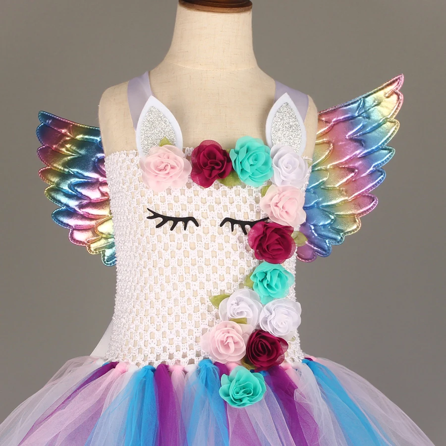 Kids Pastel Rainbow Unicorn Princess Tutu Dress Girls Halloween Pageant Costume Kids Tulle Train Unicorn Birthday Ball Gown Dress  (11)