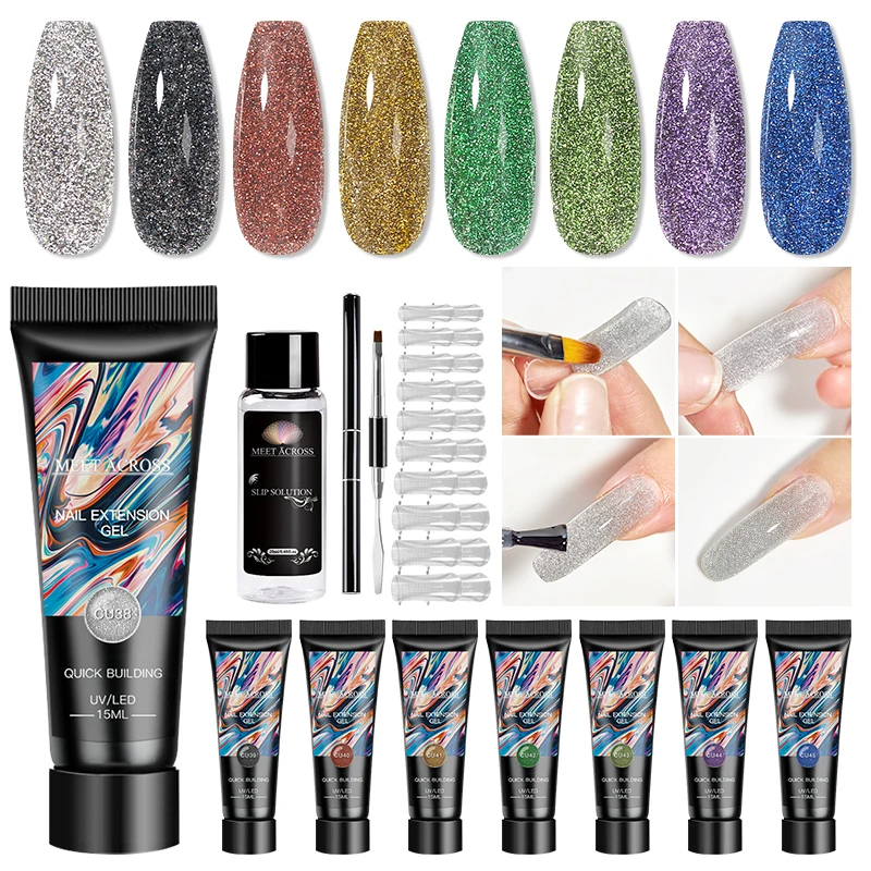 MEET ACROSS 15ml Reflective Glitter Extension Nail Gel Set Quick Building Nail Gel With Slip