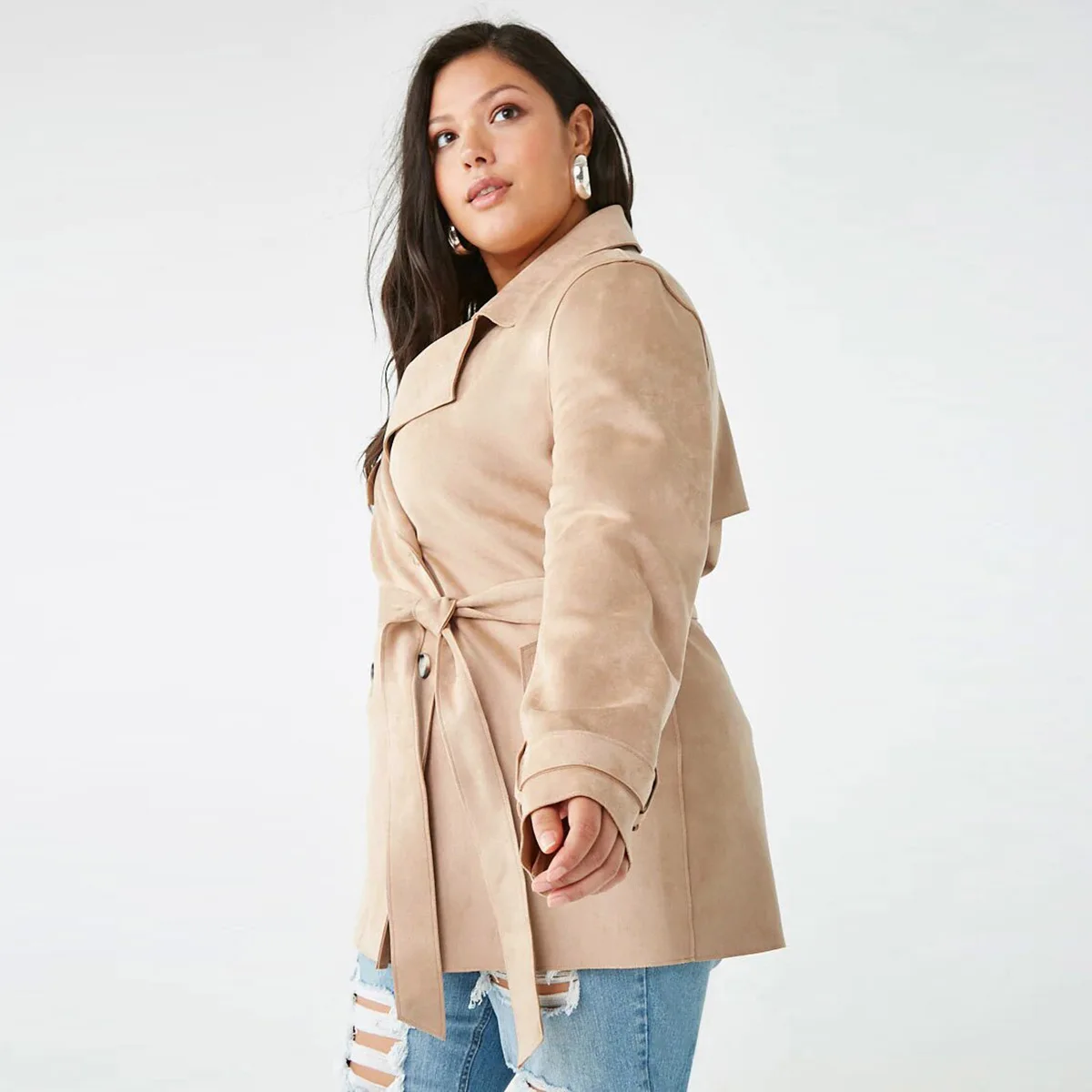 

Kisilk Simple Casual-Style Solid Color Suede Double Breasted Lace-up Small Cloak Large Size Trench Coat 2020 Autumn