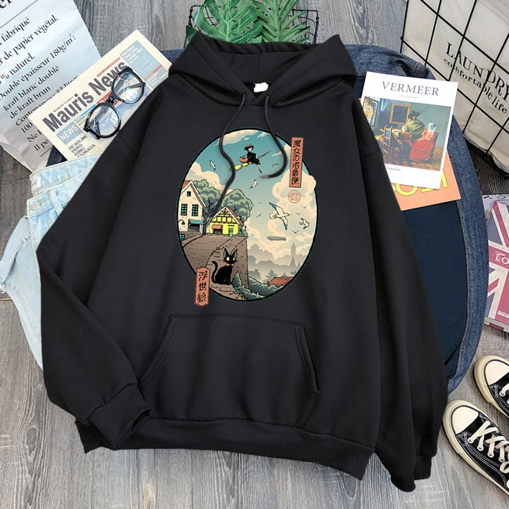 Japan Anime Kiki's Delivery Service Print Mens Hoodie Loose Fleece Sweatshirts Pocket Hooded Pullover Harajuku Vintage Clothes | Мужская