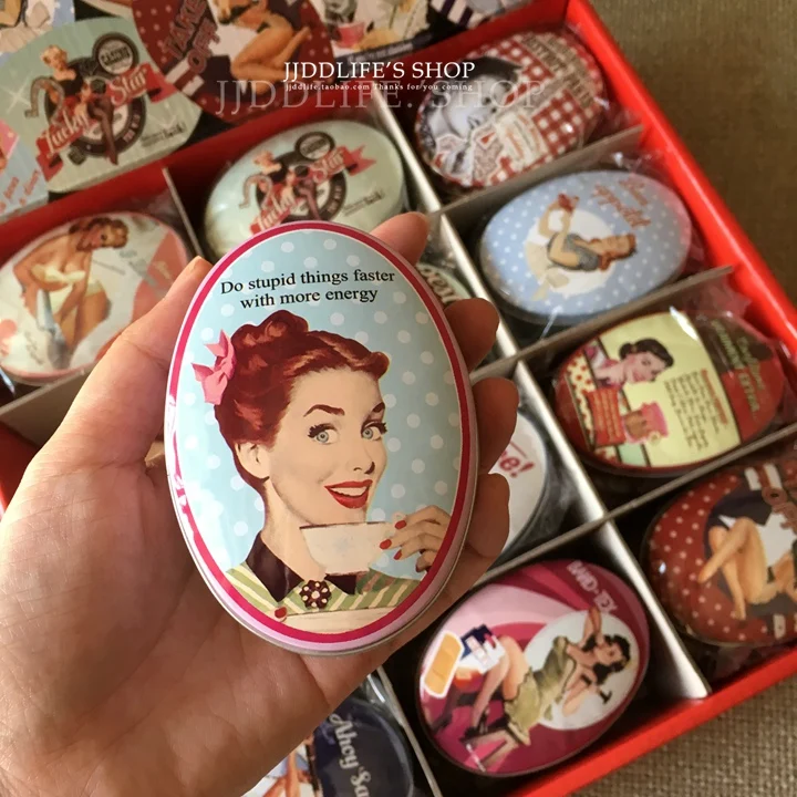 

24pcs/box Small Storage Box Vintage Lady Printing Oval Shape Candy Box Handmade Soap Case Mini Tin Jewelry box Small Pill Case
