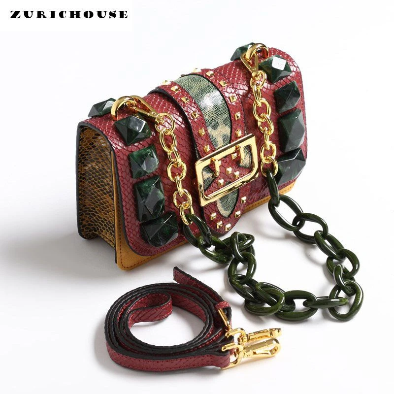 

Unua amo Luxury Women Handbags Serpentine Genuine Leather Rivet Acrylic Chain Shoulder Messenger Bag Mini Square Bags Ladies