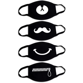

4 Pcs Mix Design Pure Cotton Black Mask Dustproof Men Women Funny Expression Teeth Pattern Mask