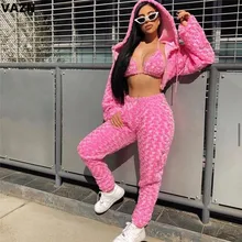  VAZN Winter Pink Energy Young Sexy Daily Fashion Full Sleeve Top 1 Piece Bikini 1 Piece Long Pants Warm Slim Women 3 Piece Set 