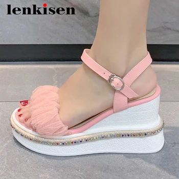 

Lenkisen simple style leisure plus size pleated peep toe thick bottom wedges super high heel buckle straps summer sandals L02