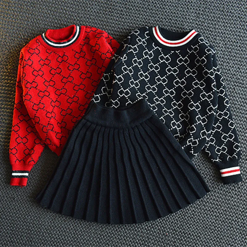 Г. Осенняя трикотажная одежда для девочек, свитер, свитер, рубашка+ юбка со складками одежда для маленьких девочек из двух предметов осенняя одежда для девочек