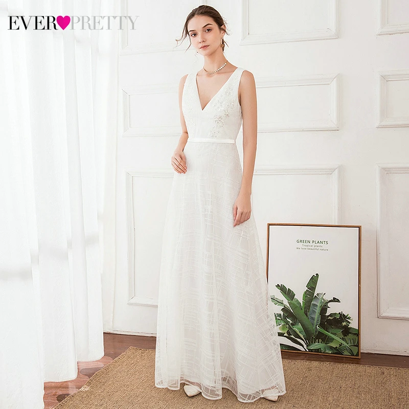 Us 36 99 45 Off Elegant Beach Wedding Dresses Ever Pretty Ep00714wh Satin A Line Double V Neck Sequined White Lace Wedding Gowns Suknia Slubna On