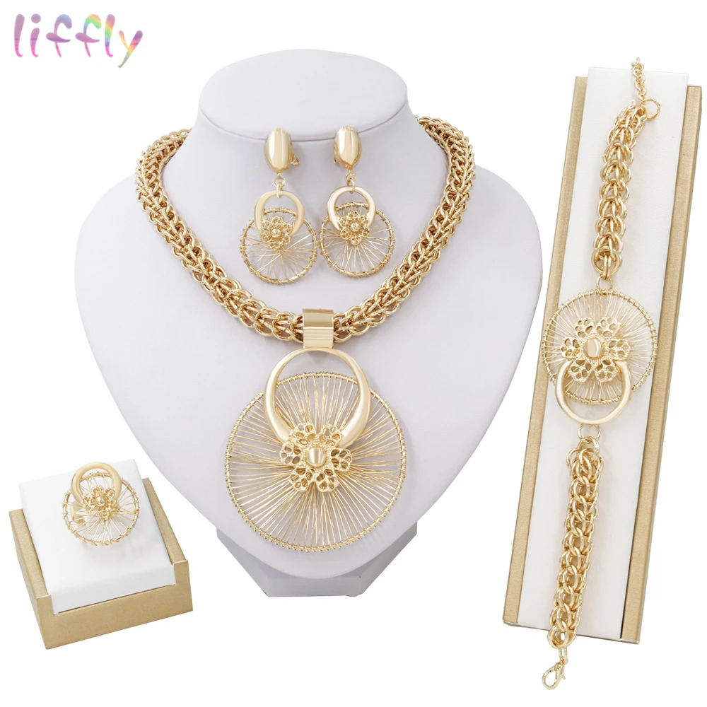 Liffly New Italy Fashion Costume Jewellery African Women Big Necklace Bracelet Rings Earrings Set Dubai Gold Platin Jewelry Sets