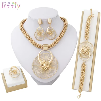 

Liffly African Bridal Wedding Dubai Gold Jewelry Sets Women Fashion Ethiopian Costume Jewelry Big Necklace Bracelet Earrings Set