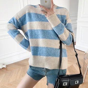

Stripes Knitted Sweater Women O-neck Long Sleeve Knitted Pull Jumper Female Loose Wild Stylish Autumn Knitwear Pullover Top