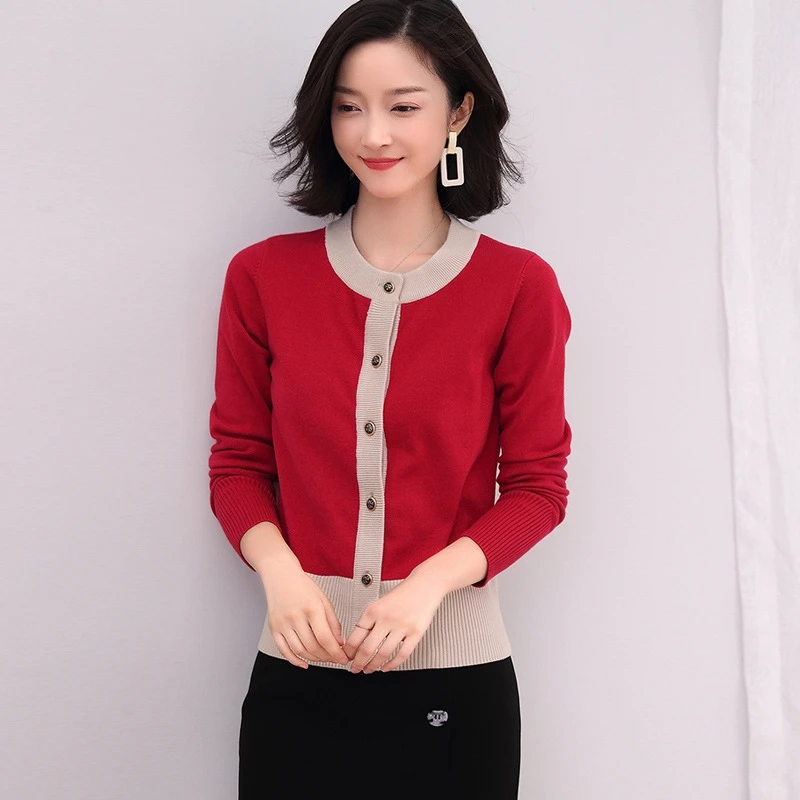 

Preppy Style Contrast Color Knit Cardigans Sweater Women Crew Neck Elegant Thicked Pull Femme Print Short Casual Coat Tops New