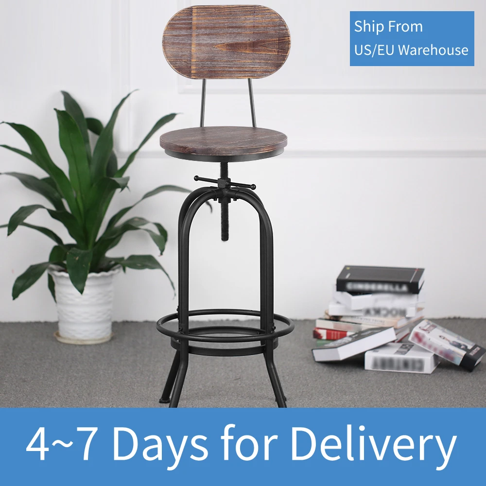 

iKayaa Industrial Style Bar Chairs Height Adjustable Swivel Bar Stool Kitchen Dining Chair Pinewood Top + Metal With Backrest
