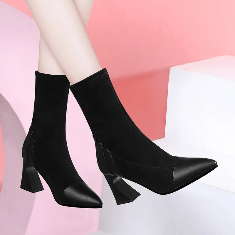 

Dunhu Pointed-Toe Europe And America Middle Boots Women's 2019 Autumn And Winter New Style Martin Boots Chunky Heel WOMEN'S High