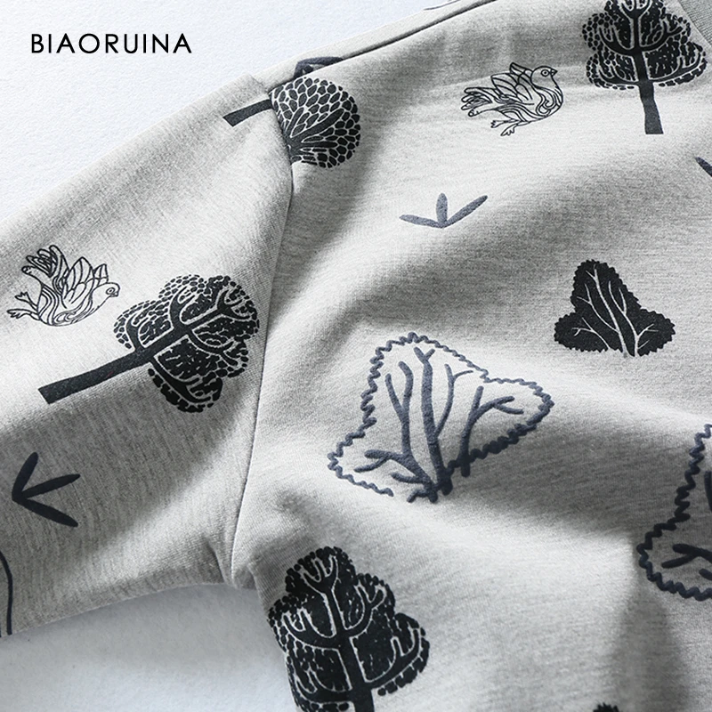 BIAORUINA, женское повседневное вязаное платье с вышитым лесным принтом, женское свободное удобное модное платье с круглым вырезом, Vestidos