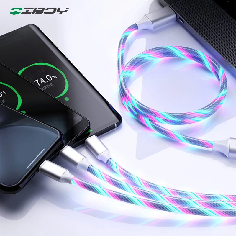 3 In 1 Cable Usb Type C Cable Glow Flowing 1.2m Cord Led Lighting Fast Charging Usb Micro