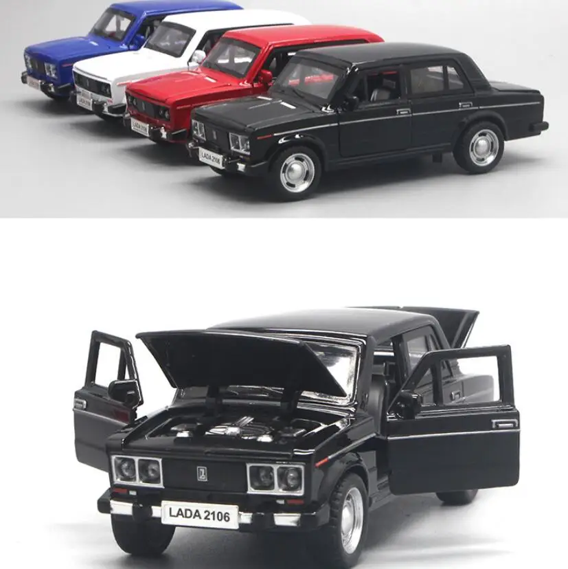 :32 Simulation Russian Lada Alloy Car Model Decoration Sound And Light Pull Back Toy Car Door Open Pull Back Boy Toy Gifts