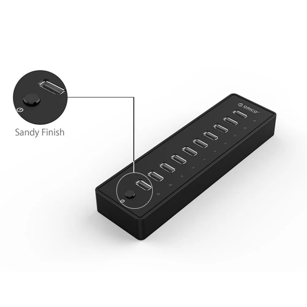 ORICO 10 портов USB 2,0 концентратор 12 в А источник питания огнеупорный ABS для ПК Mac ноутбука черный