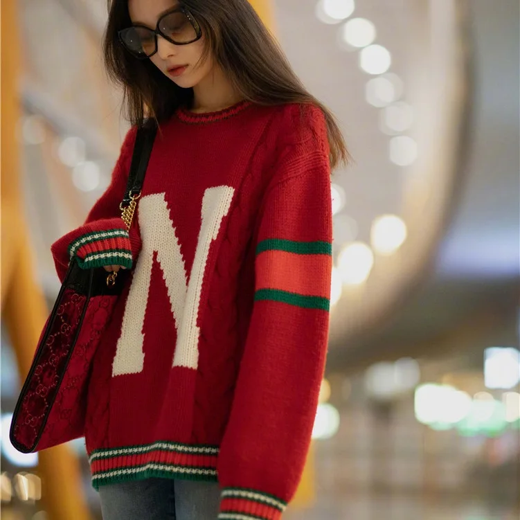 

2019 Fall Winter Korean Style N Letter Women Sweater Pullovers Runway Designer Long Sleeve Loose Knitted Jumper Tops Clothes