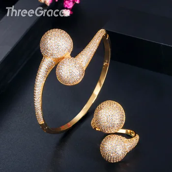 

ThreeGraces Noble African Dubai Gold Round Ball Full CZ Luxury Big Open Cuff Bangle Rings Set for Women Fashion Bijoux JS125