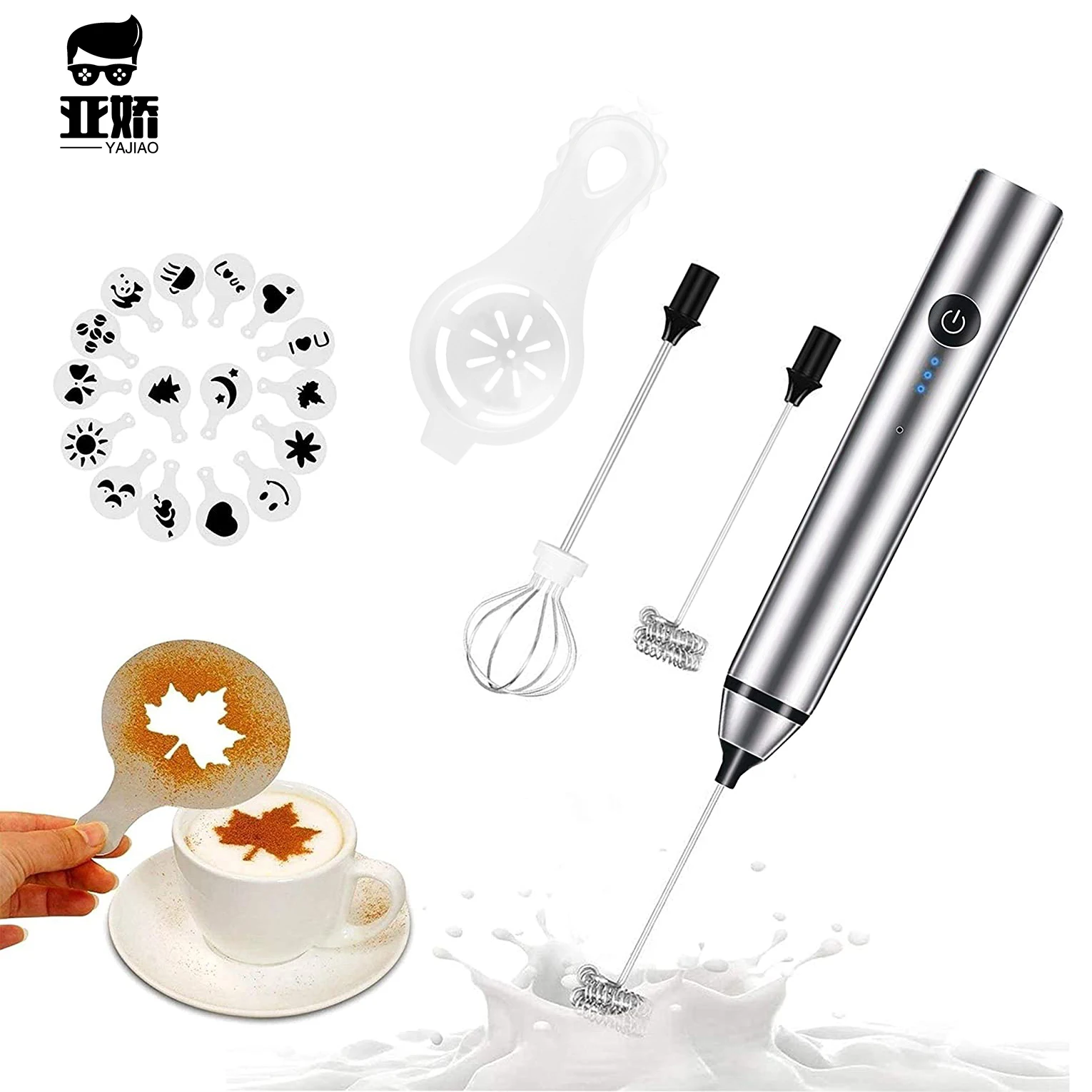 Yajiao Usb Rechargeable Blender Milk Frother Handheld Electric Mixer Foam Maker Stainless Whisk