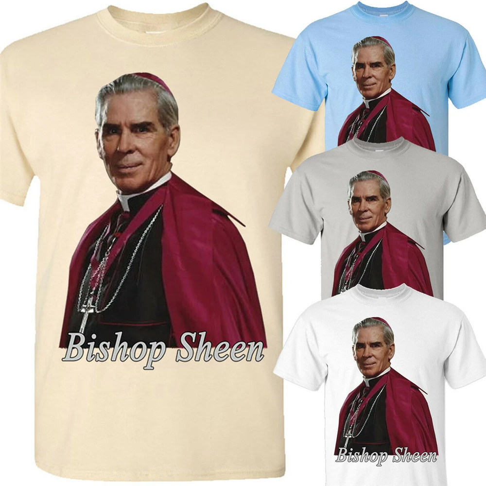 Bishop Sheen V3 Christian T Shirt Sizes S-3Xl Brown Khaki White Loose Plus Size? Tee |