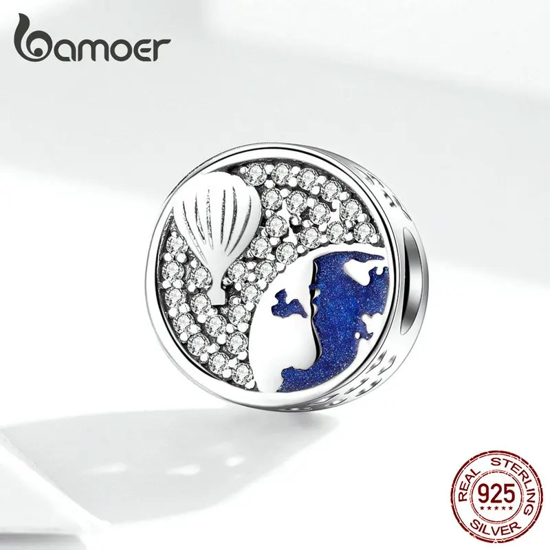 Bamoer, круглые металлические бусины для женщин, амулеты, серебро 925, браслет и браслет, ювелирные изделия, воздушный шар, Голубая Эмаль, Шарм SCC1345