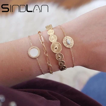 

Sindlan 4PCs Vintage Gold Bracelets for Women Boho Open Bangle with Retro Pattern White Suns Ladies Wrist Jewelry Accessories