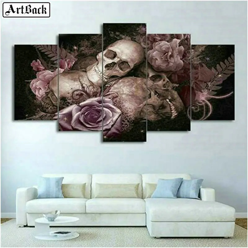 

ArtBack five spell diamond painting skull flower 5d full square diamond mosaic sticker decorative painting