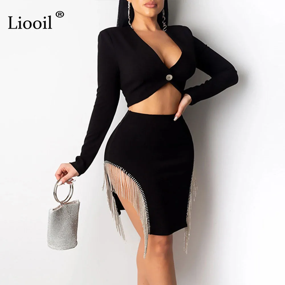 Liooil, комплект из двух предметов, стразы, кисточка, мини-платье, сексуальная клубная одежда, наряды, v-образный вырез, кнопка, черное, белое, для ночного клуба, платья для вечеринок