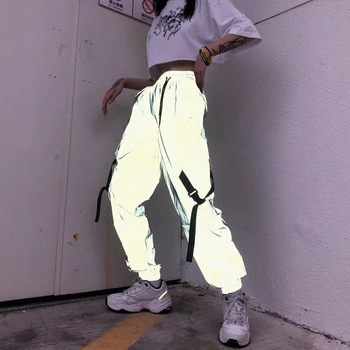 

2020 Street Hip-hopHigh Waist Ribbons Buckle Sweat Pants Women Pockets Sportswear Casual Trousers Reflective Cargo Pants KZ113
