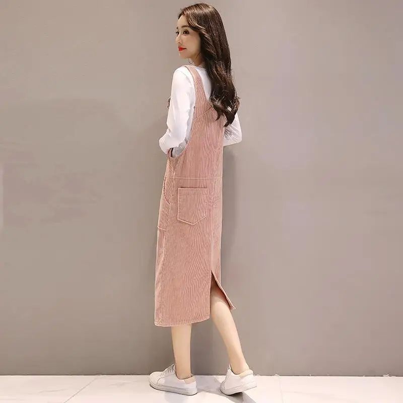 

2019 Autumn Clothing New Style Suspender Strap Dress Women's, White T-shirt Strapped Dress Two-Piece Set