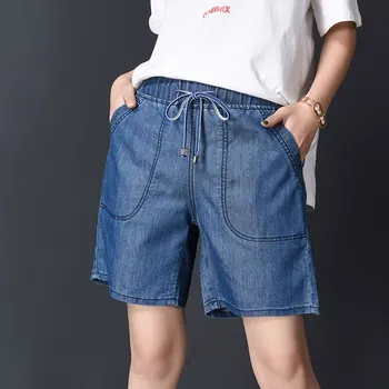 

Plus Size Tencel Loose Thin Short Jeans Woman Summer High Waisted Wide Leg Boyfriend Short Jeans Elastic Waist Denim Pants Lady