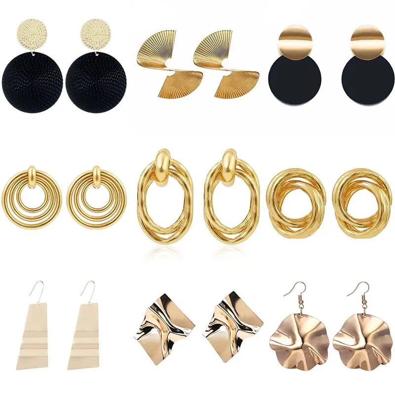 

Trendy Earrings For Women Black Round Metal Fashion Jewelry Gold Silver Color Smooth Statement Drop Earring Party Accessories
