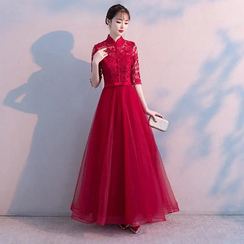 Красное свадебное вечернее платье Восточное женское элегантное тонкое Cheongsam модное китайское стильное свадебное длинное Qipao роскошное платье Vestido xs-xxxl - Цвет: Dark Red - B