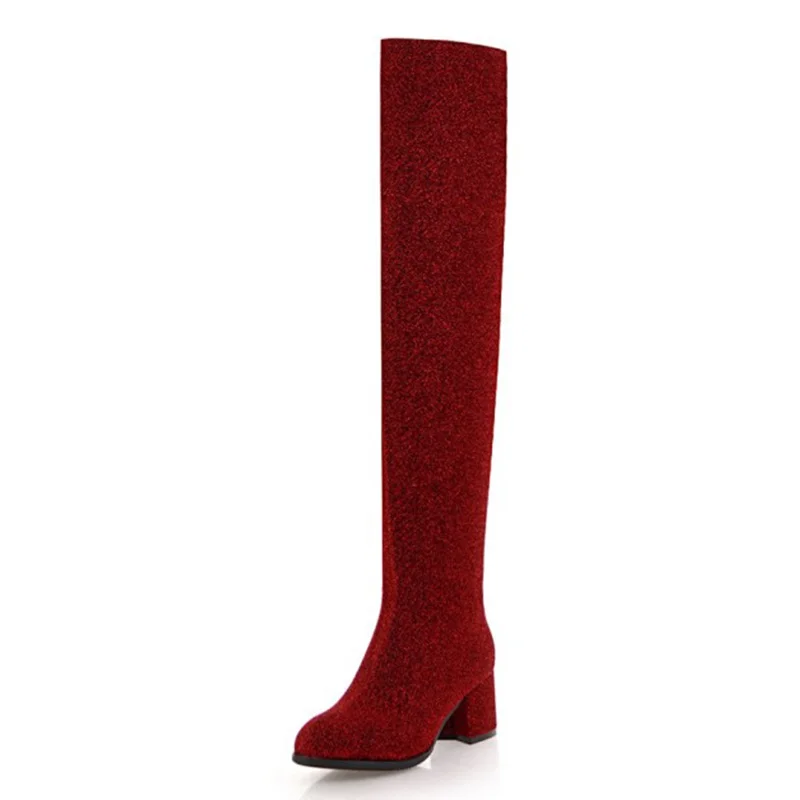

KALENMOS Women Over The Knee Boots Blcok Mid Heel Long Boots Sequined Cloth Red Party Boots Ladies Autumn Winter Shoe Size 33-43