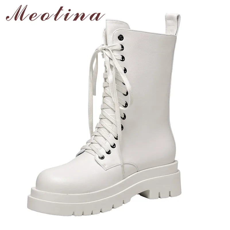 

Meotina Women Motorcycle Boots Shoes Real Leather Platform High Heel Boots Zip Lace Up Mid Calf Boots Ladies Autumn Winter Black