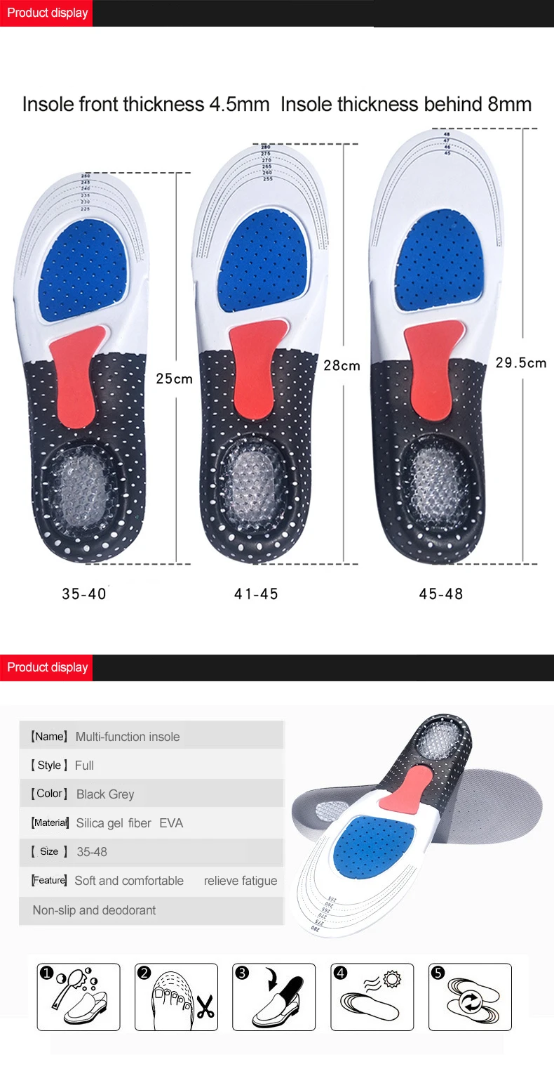 Sports Running Silicone Insoles Feet Mens and Womens Soles Orthopedic Cushion Massage Shock Absorption Color : Black, Shoe Size : EU 35-40